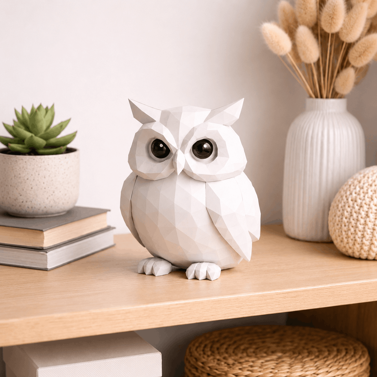 White low-poly owl figurine with glossy black eyes displayed on a wooden shelf, height 25 cm, surrounded by cozy neutral home decor.