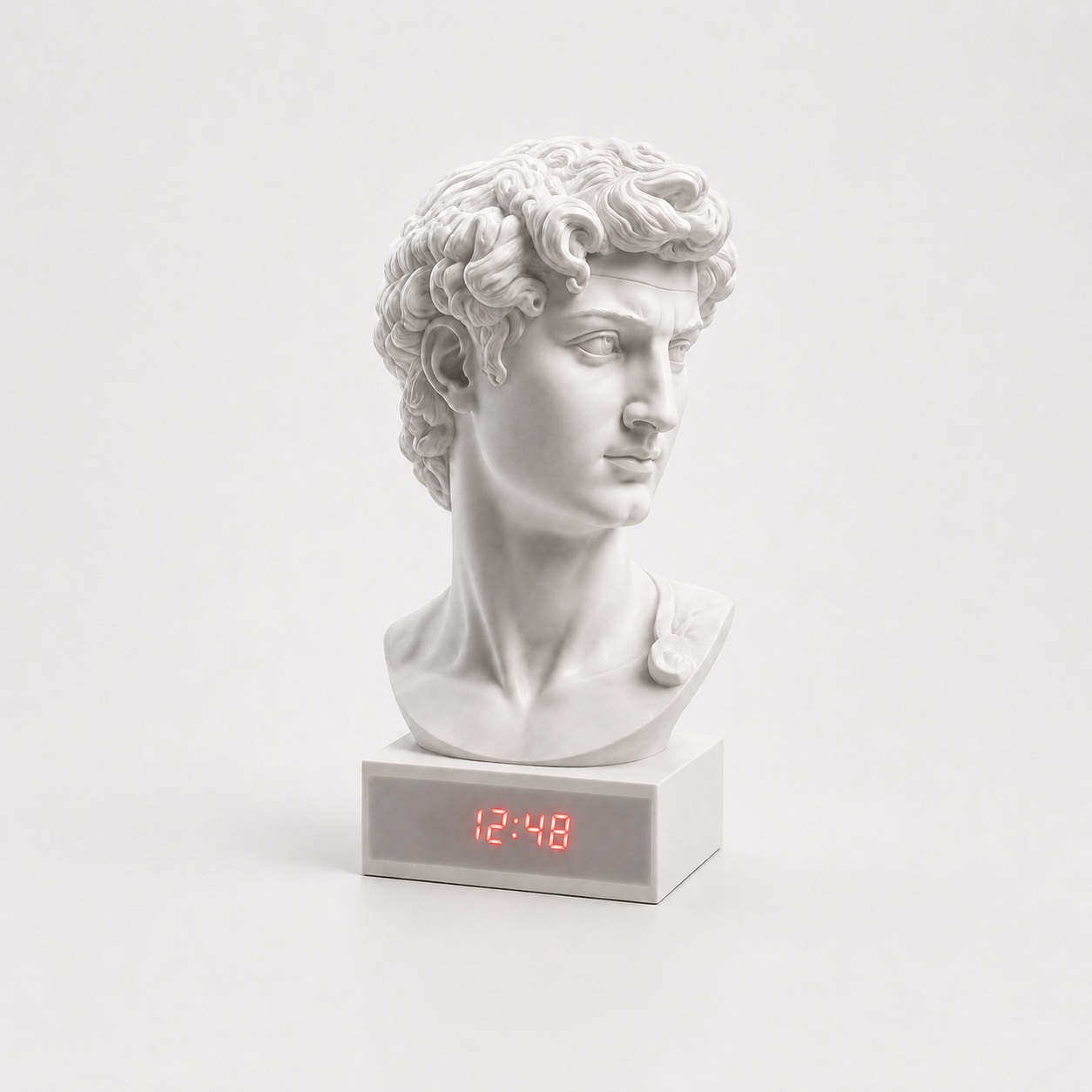 David Clock Bust White classical David-style bust on a square base with a red LED digital clock softly glowing through the front wall, USB-powered decorative desk sculpture.