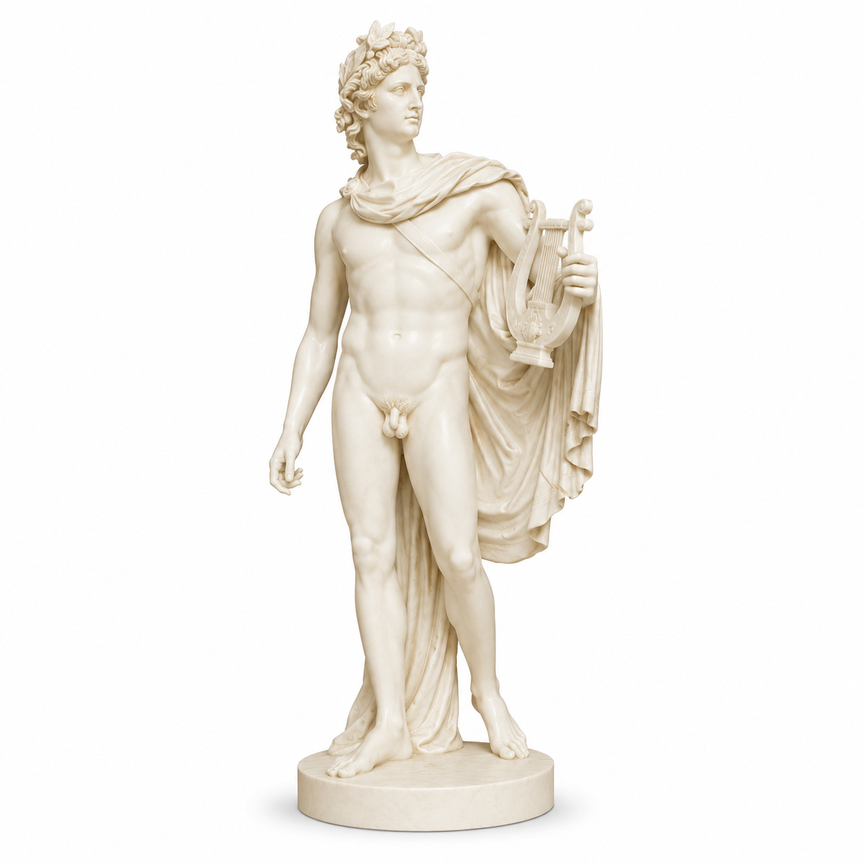 Ivory white classical Apollo statue with lyre, detailed drapery, marble-like texture, and round base on a clean white background.